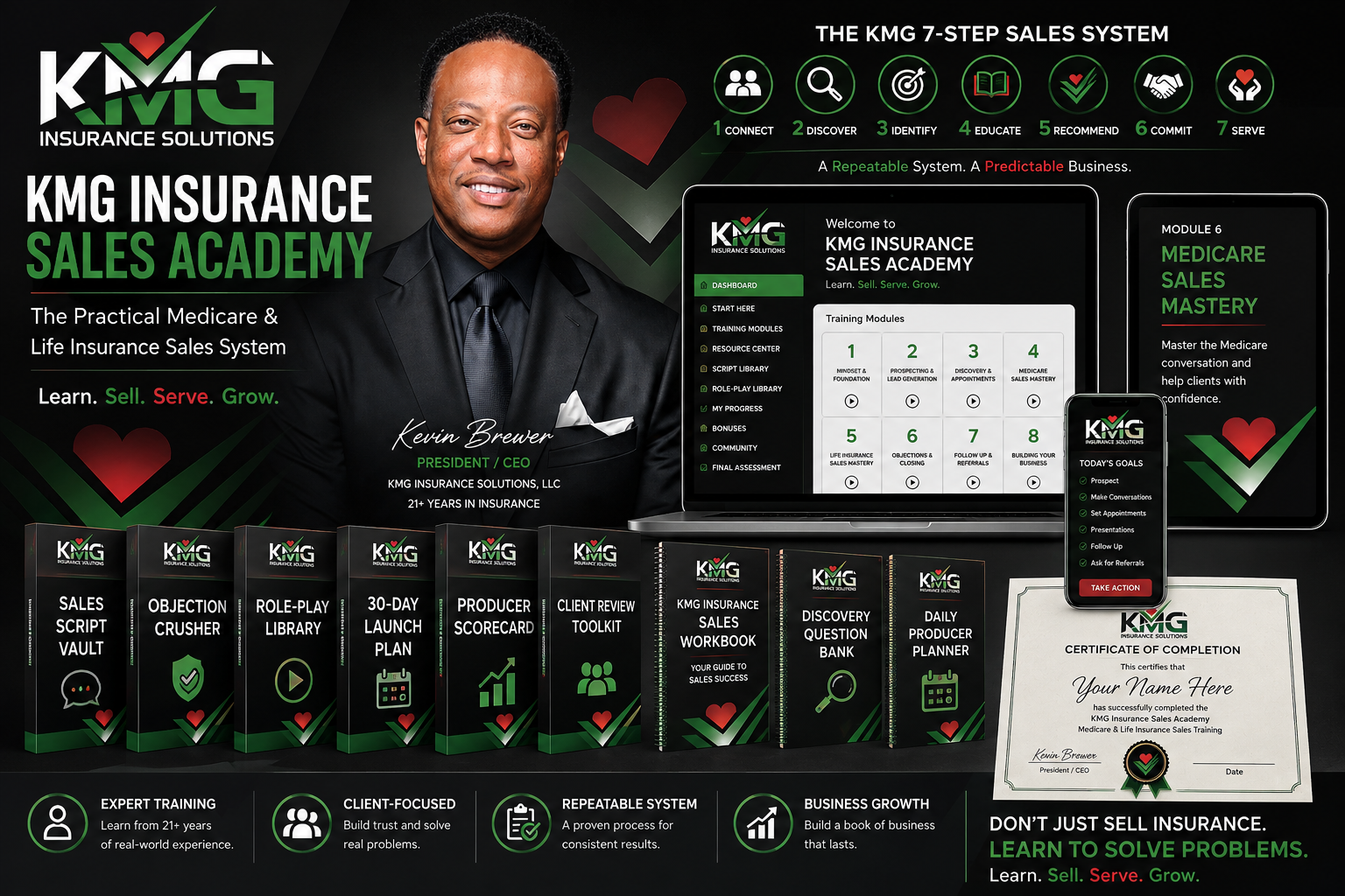 Kevin Brewer introducing KMG Insurance Sales Academy, the seven-step sales system, and previews of training, resources, and the learner dashboard.